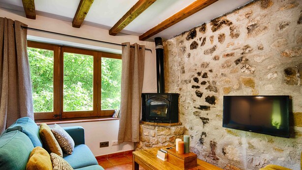 Una sala de estar acogedora con pared de piedra, chimenea, televisor y un ventanal con cortinas.