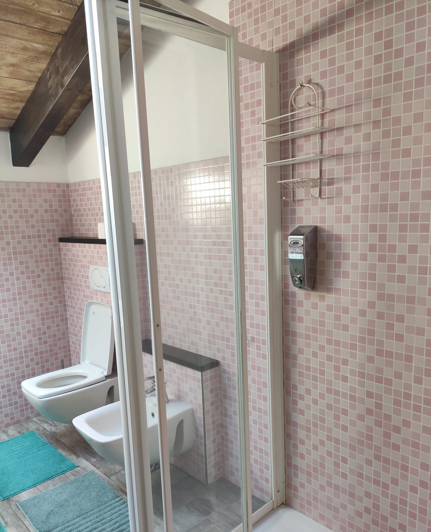 Ein Badezimmer mit rosa gefliesten Wänden, einer Toilette, einer Dusche mit Glastür und einem Handtuchhalter.