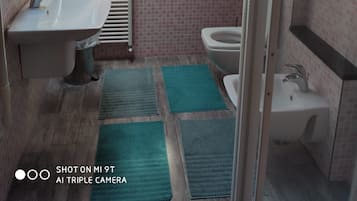 Driepersoonskamer | Badkamer | Een douche, een regendouche, gratis toiletartikelen, een haardroger