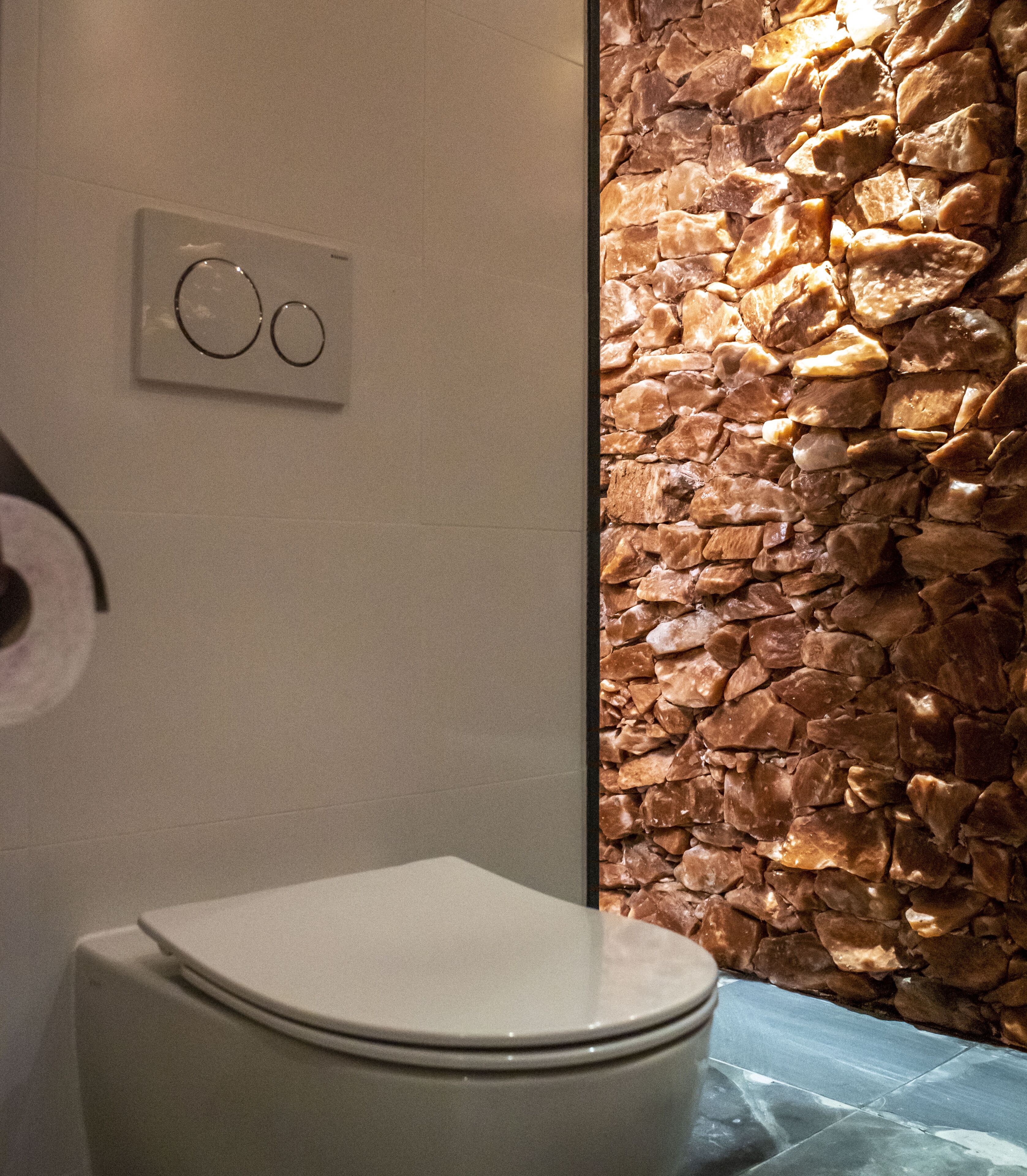 Une salle de bain avec des toilettes, un mur en pierre et un interrupteur.