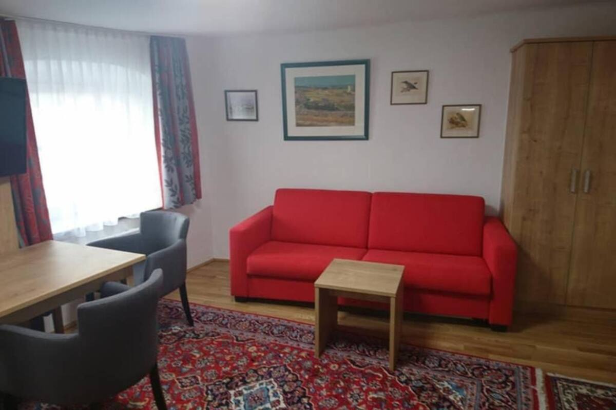 Ett vardagsrum med en röd soffa, ett träbord och en mönstrad matta.
