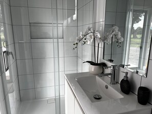 A modern bathroom with a white sink, a mirror, and a potted orchid. - Skibo Cottage (Skibo)