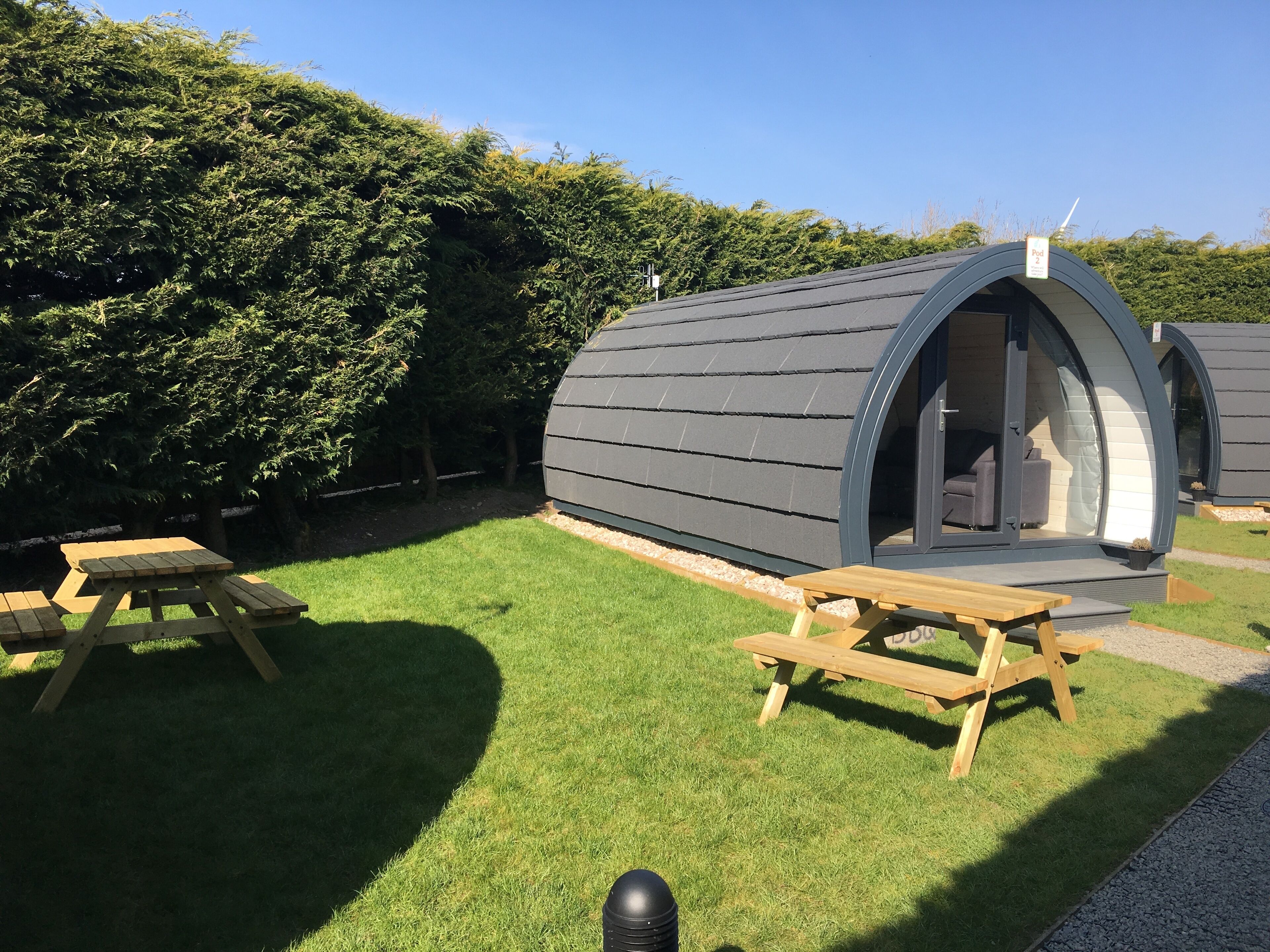 A pod-style accommodation with a curved exterior, a grassy lawn, and a picnic table.