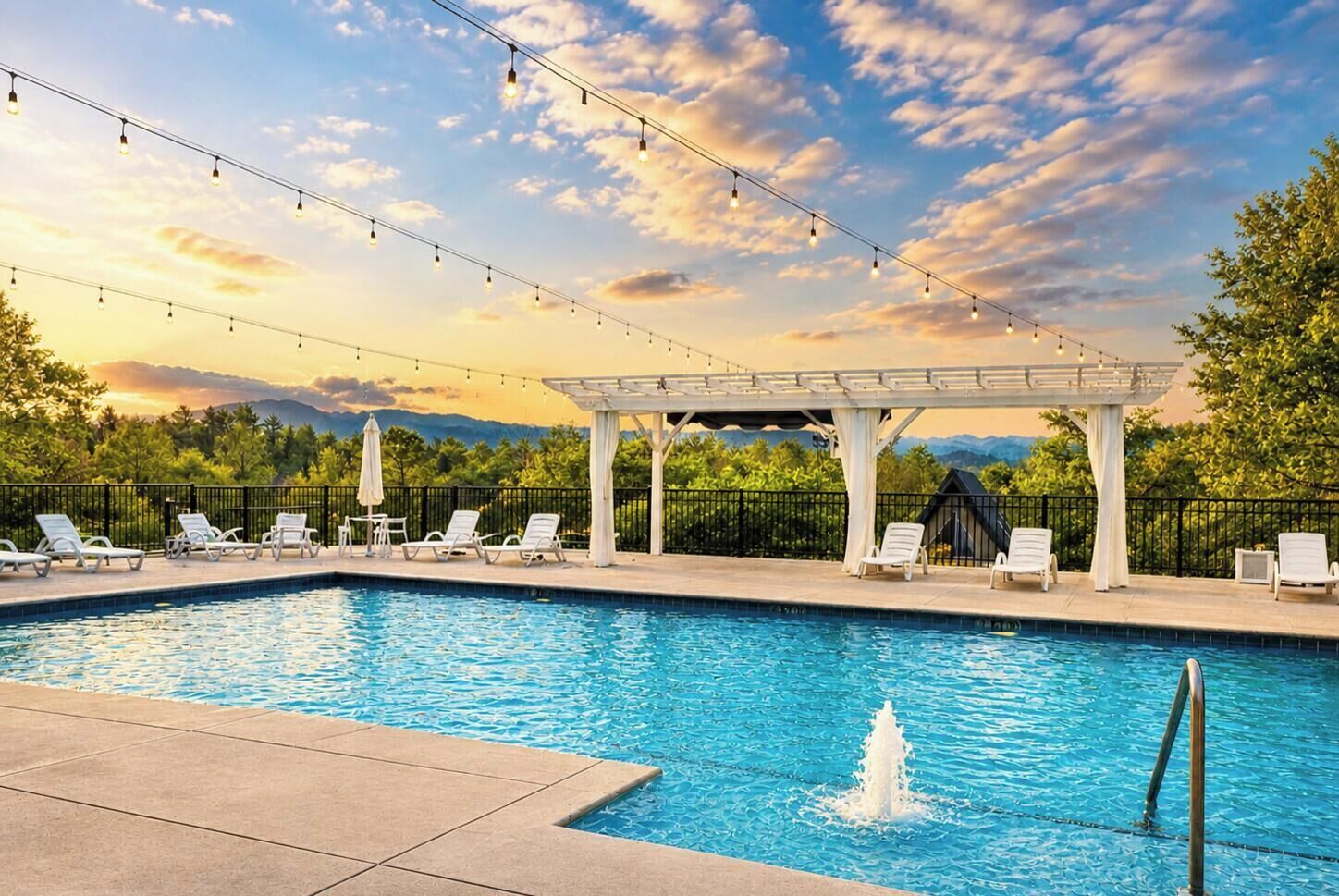 Outdoor pool, pool umbrellas, sun loungers