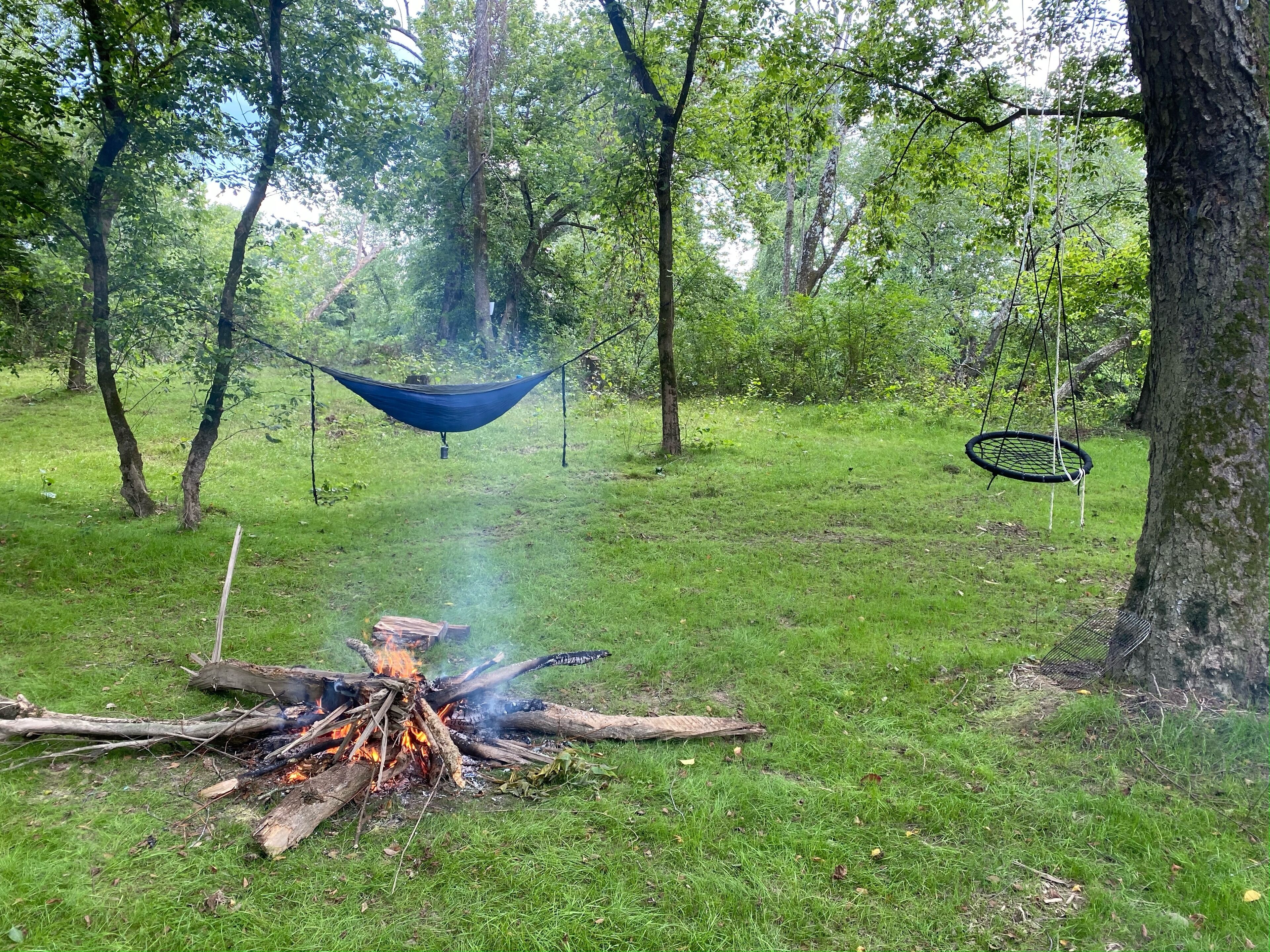 A campfire with a hammock and a swing in a grassy area surrounded by trees.