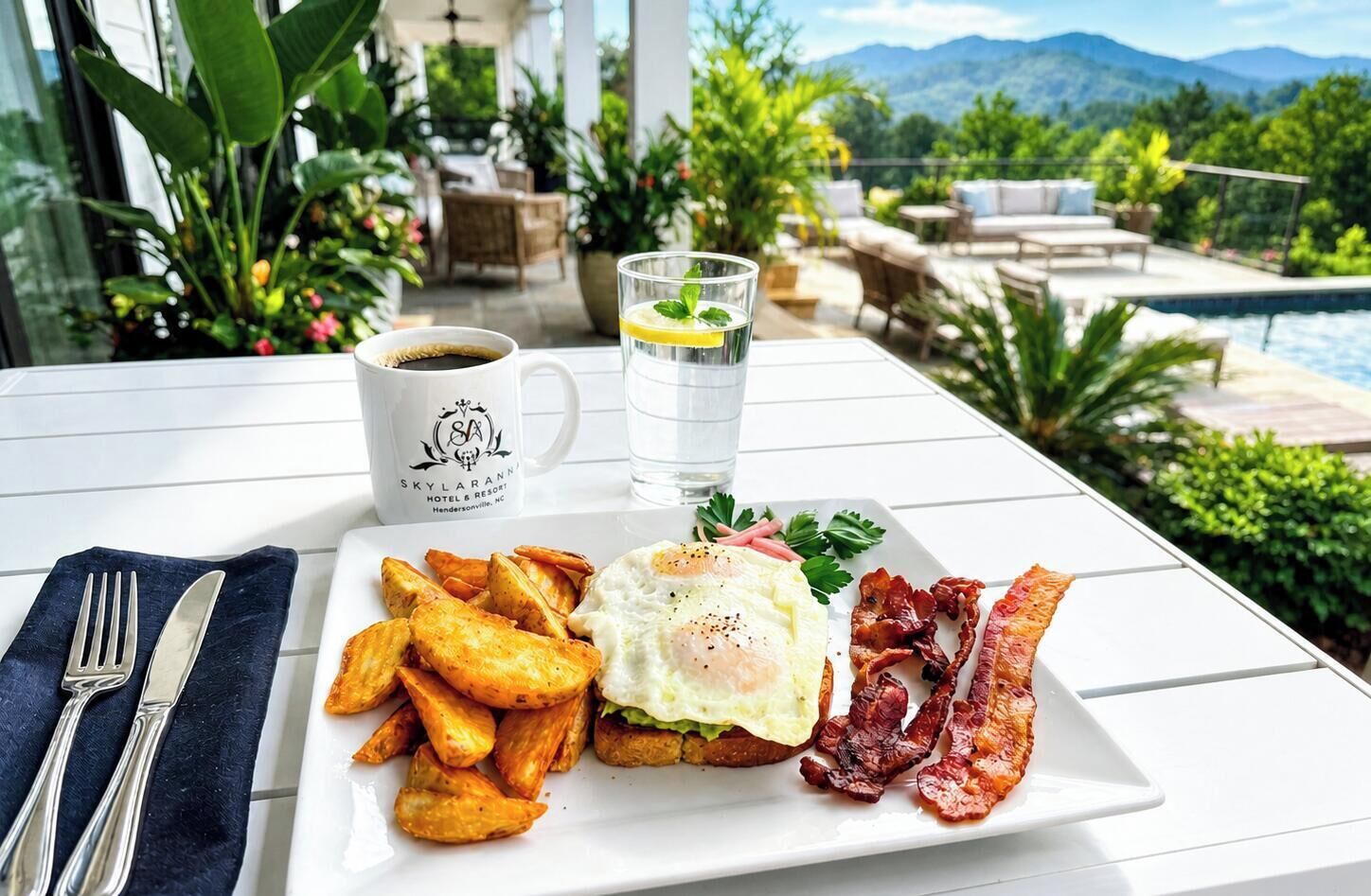 Un plato de desayuno con huevos, tocino y papas fritas, una taza de café y un vaso de agua sobre una mesa con vistas a una piscina y montañas.