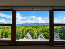 Vista desde una ventana que muestra un paisaje boscoso y montañas al fondo.