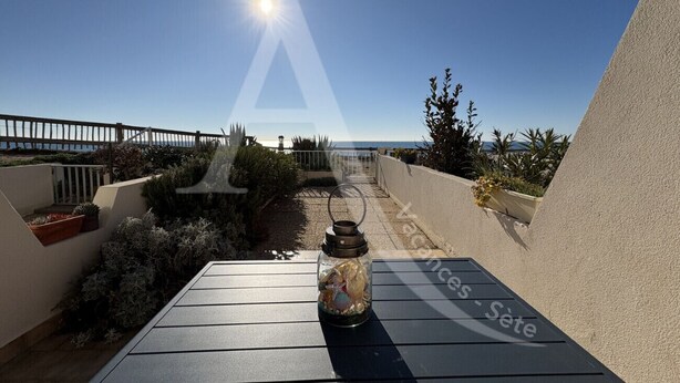 A sunlit outdoor area with a glass jar containing decorative items on a table, surrounded by plants and a clear sky. - REZ DE CHAUSSEE, 1ERE LIGNE MER, ACCES DIRECT PLAGES (Sète)