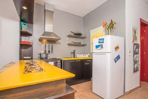 Fridge, oven, stovetop, coffee/tea maker