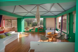 Smart TV, fireplace, books, stereo