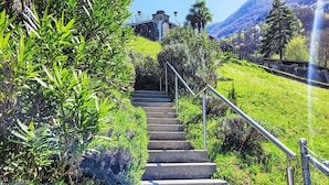 Un escalier bordé d’une végétation luxuriante, qui monte une colline avec une montagne en arrière-plan.