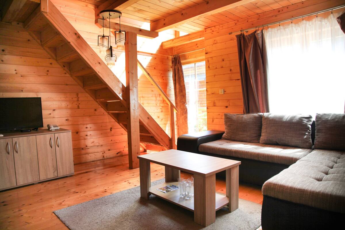 Interior de uma cabana de madeira com sofá, uma mesa, uma TV em um armário e uma escada.