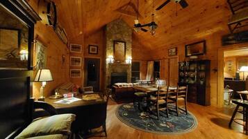 TV connectée, cheminée, lecteur de DVD, livres