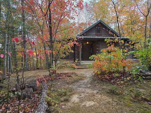 Ein rustikales Holzhaus, umgeben von Herbstlaub.