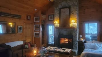 Smart TV, fireplace, DVD player, books