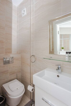 Huoneisto (2 Bedrooms) | Kylpyhuone | Ilmaiset hygieniatuotteet, hiustenkuivaaja, pyyhkeet, saippua