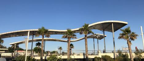 Un espacio exterior moderno con palmeras, una camioneta blanca y un puente peatonal.