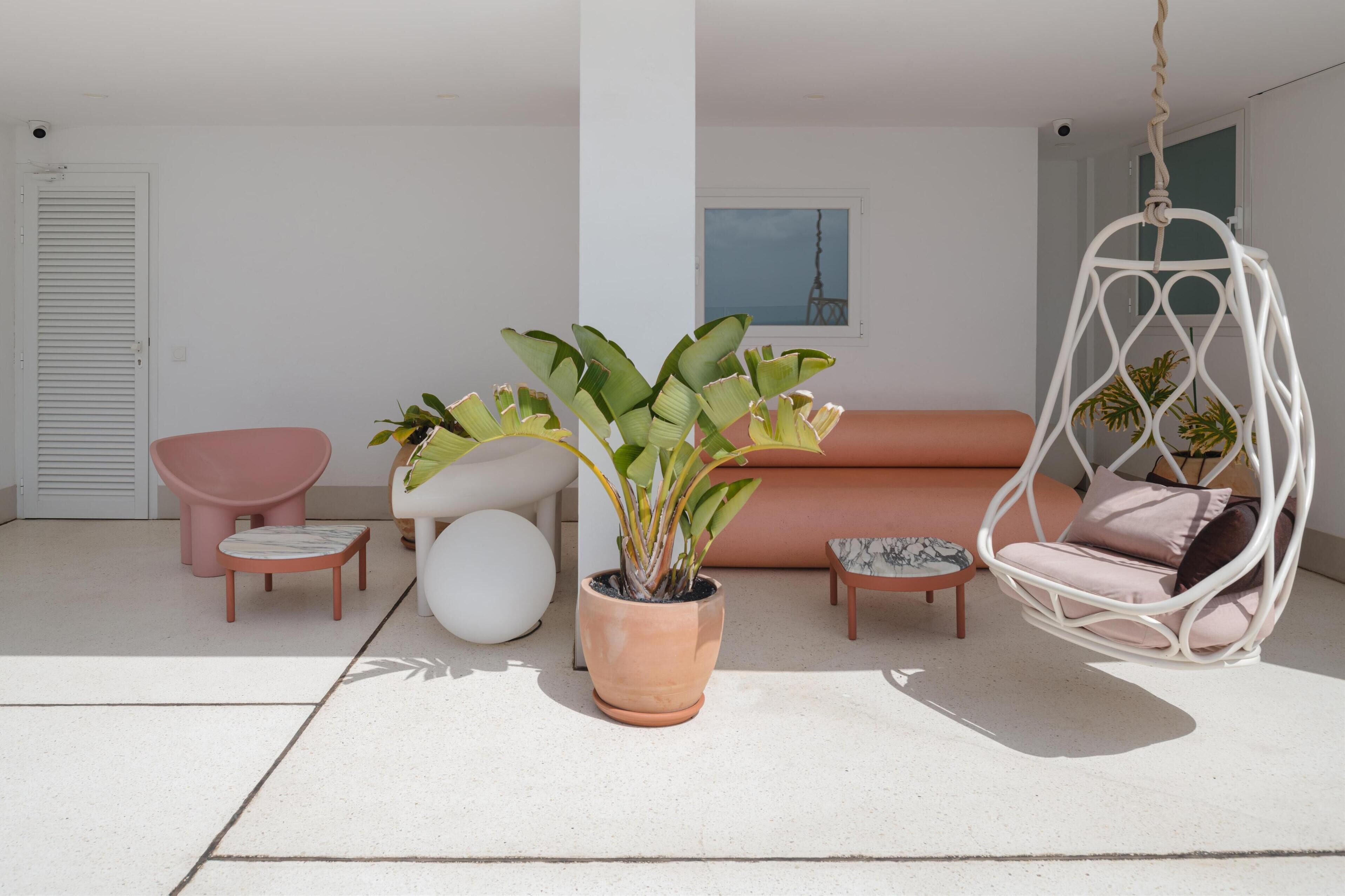 A modern outdoor living space with a sofa, chairs, a hanging chair, and a potted plant.