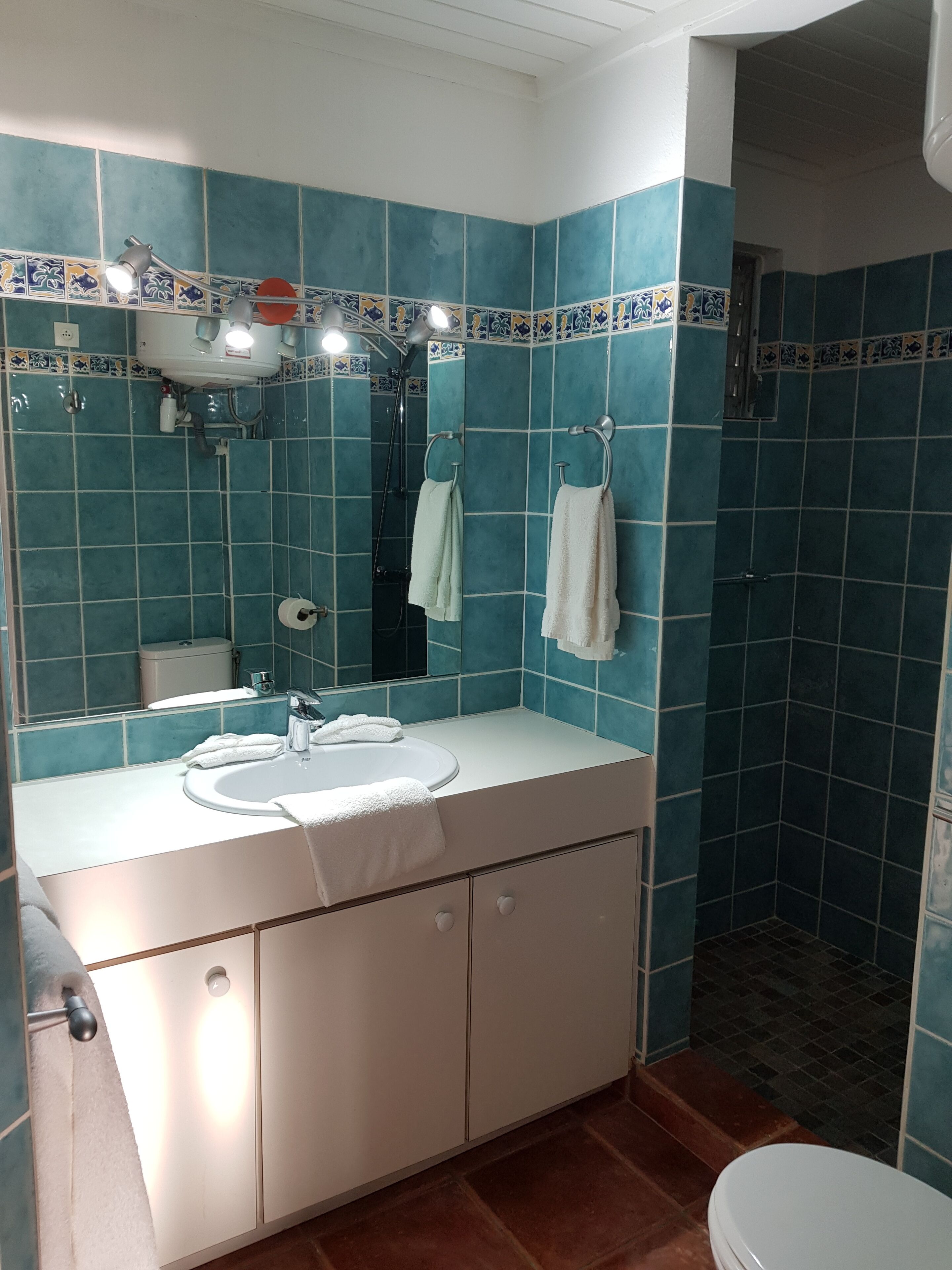 A bathroom with a white sink, a mirror, and a shower area.