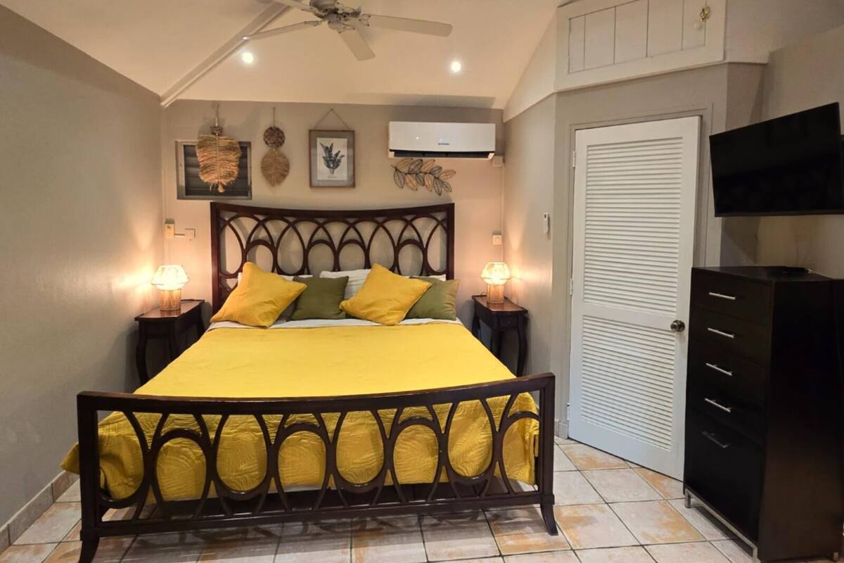 A bedroom with a bed, two bedside tables with lamps, a ceiling fan, an air conditioning unit, a wardrobe, and a television.
