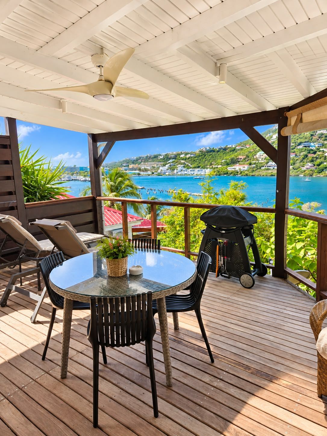 A covered outdoor area with a table and chairs, a ceiling fan, and a view of a body of water and greenery.