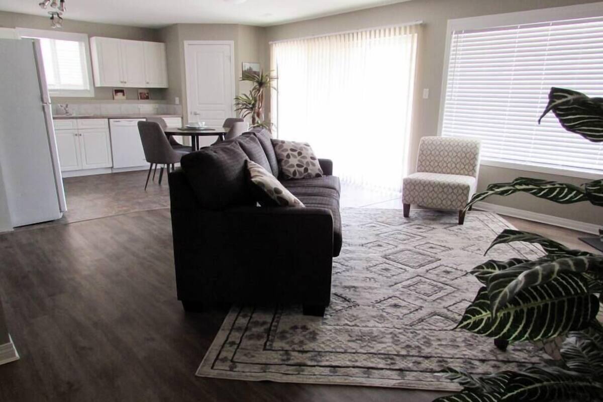 A living room with a dark sofa, a patterned rug, and a window with blinds.