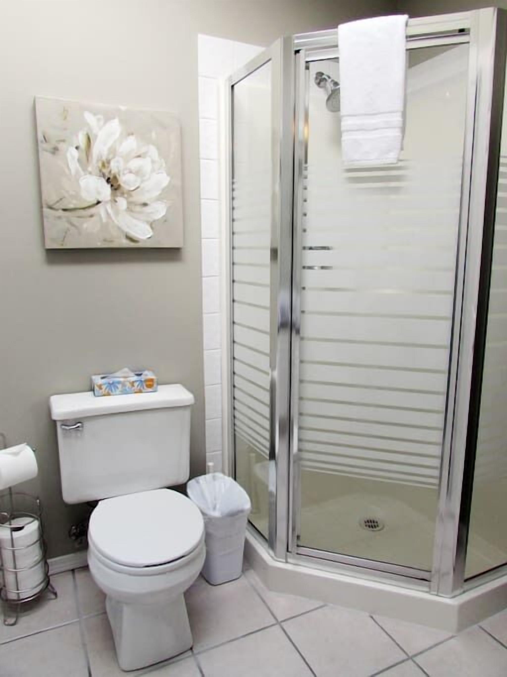 A bathroom with a toilet, a trash bin, a glass shower enclosure, and a toilet paper holder.