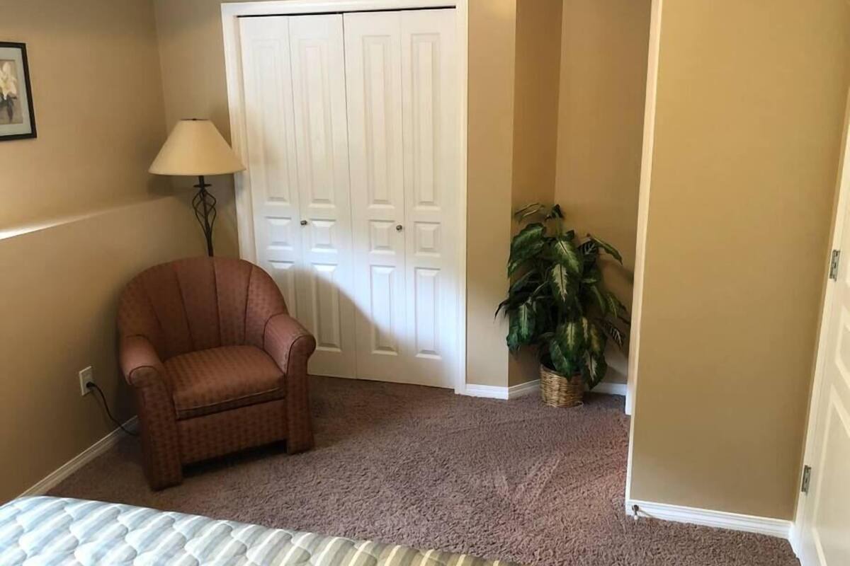 A bedroom with a bed, a chair, a closet, a lamp, and a plant.