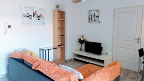 A modern living room with a sofa, TV, bookshelf, and a door. - F2 garage,terrace,wifi,near town hall/train station/richter (Montpellier)