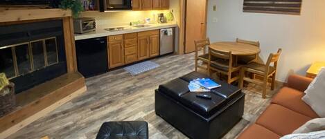 Smart TV, fireplace, books