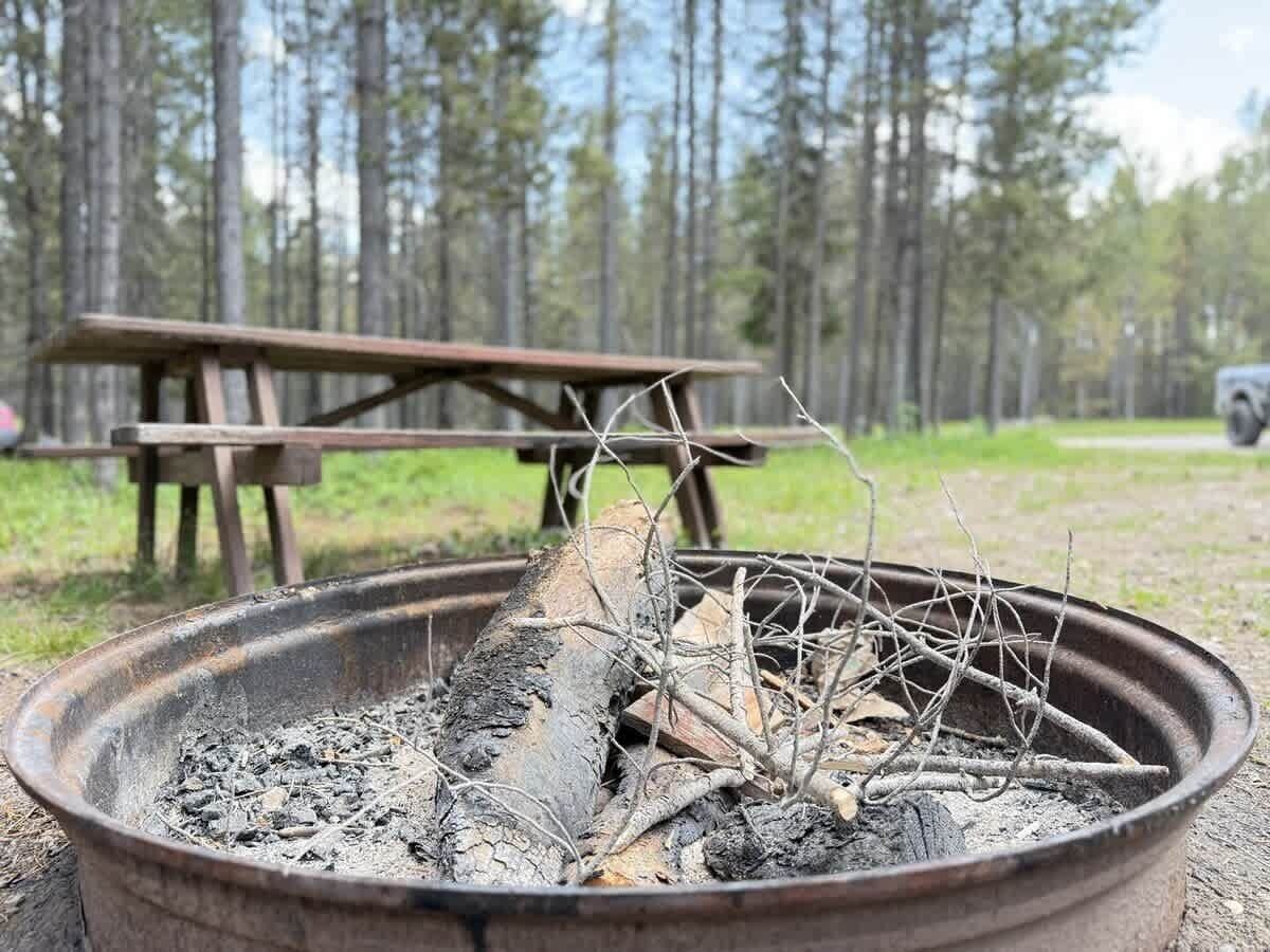 Una fogata en un brasero metálico con una mesa de picnic al fondo.