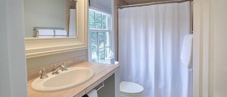 A bathroom with a sink, mirror, toilet, and a shower curtain.