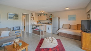 Un espacio habitable compacto con kitchenette, sofá, cama y televisión.