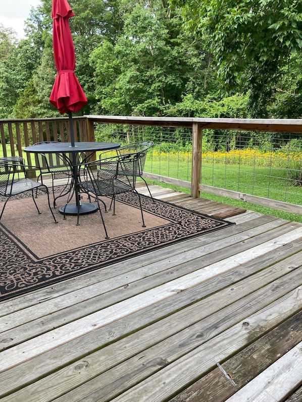 A wooden deck with a table and chairs, surrounded by a metal fence and lush greenery.