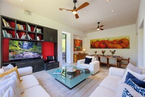 Smart-TV, Kamin, Bücher, Stereoanlage