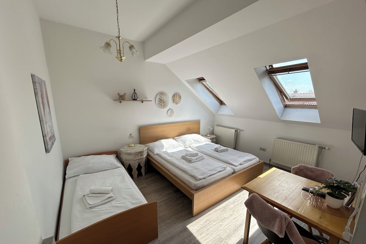 Une chambre avec deux lits, une table en bois, une chaise, une petite table d’appoint ronde, un luminaire au plafond, un téléviseur fixé au mur et un puits de lumière.