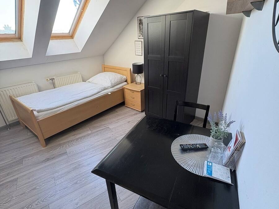 A compact bedroom with a bed, a desk, and a chair. There are skylights and a radiator.