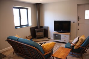 Una televisión, una chimenea, un futbolín