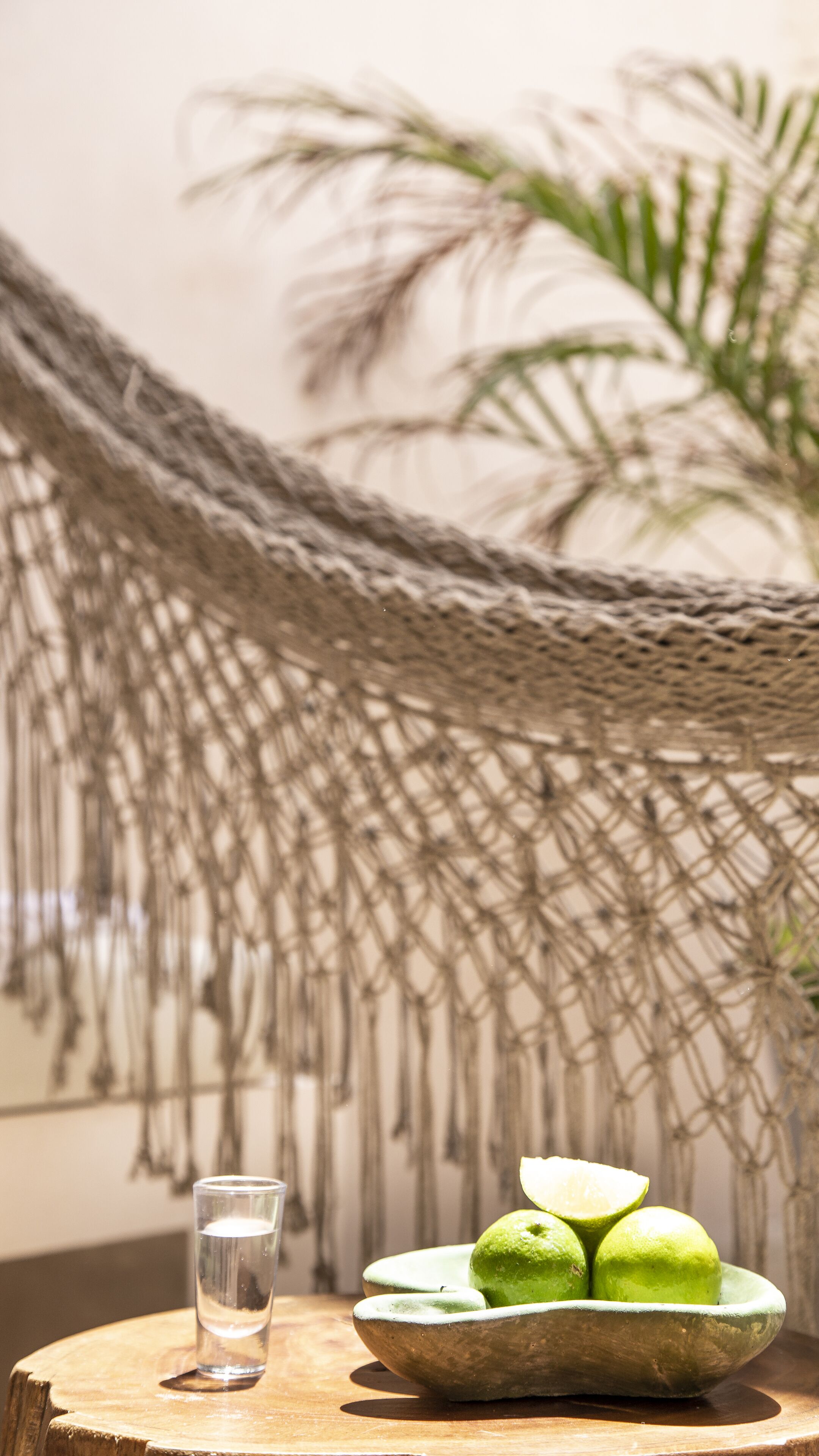 A glass of water and a bowl of limes on a wooden table with a woven hammock in the background.