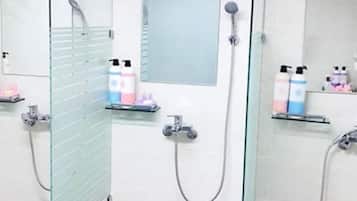 Shower, free toiletries, towels, soap