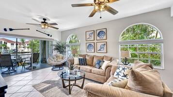 Smart TV, fireplace, video games, DVD player