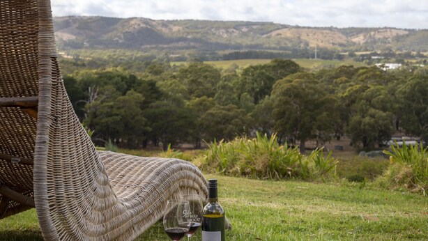 A wicker lounge chair on a grassy field with a bottle of wine and a glass. - 131 Your Vineyard Home in the heart of the Vale (McLaren Flat)