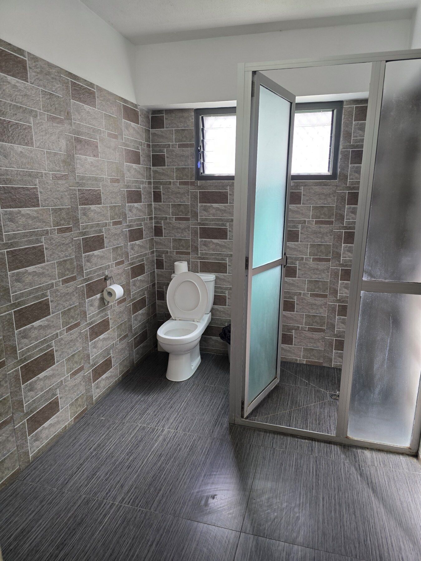A bathroom with a toilet, a shower area, and a window.