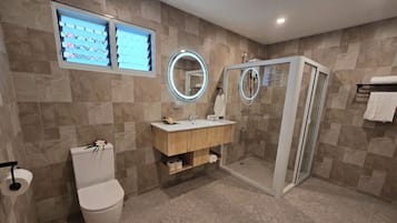 Shower, hair dryer, towels, soap