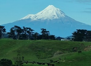 A mountain with a snow-capped peak, surrounded by green fields and trees. - Peace and Tranquility ... farmland, river and west coast beach - perfection! (Mimi)