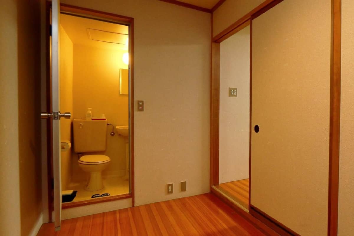 A narrow hallway with a wooden floor, a toilet, and a mirror.