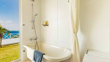 Separate tub and shower, deep soaking tub, free toiletries, hair dryer