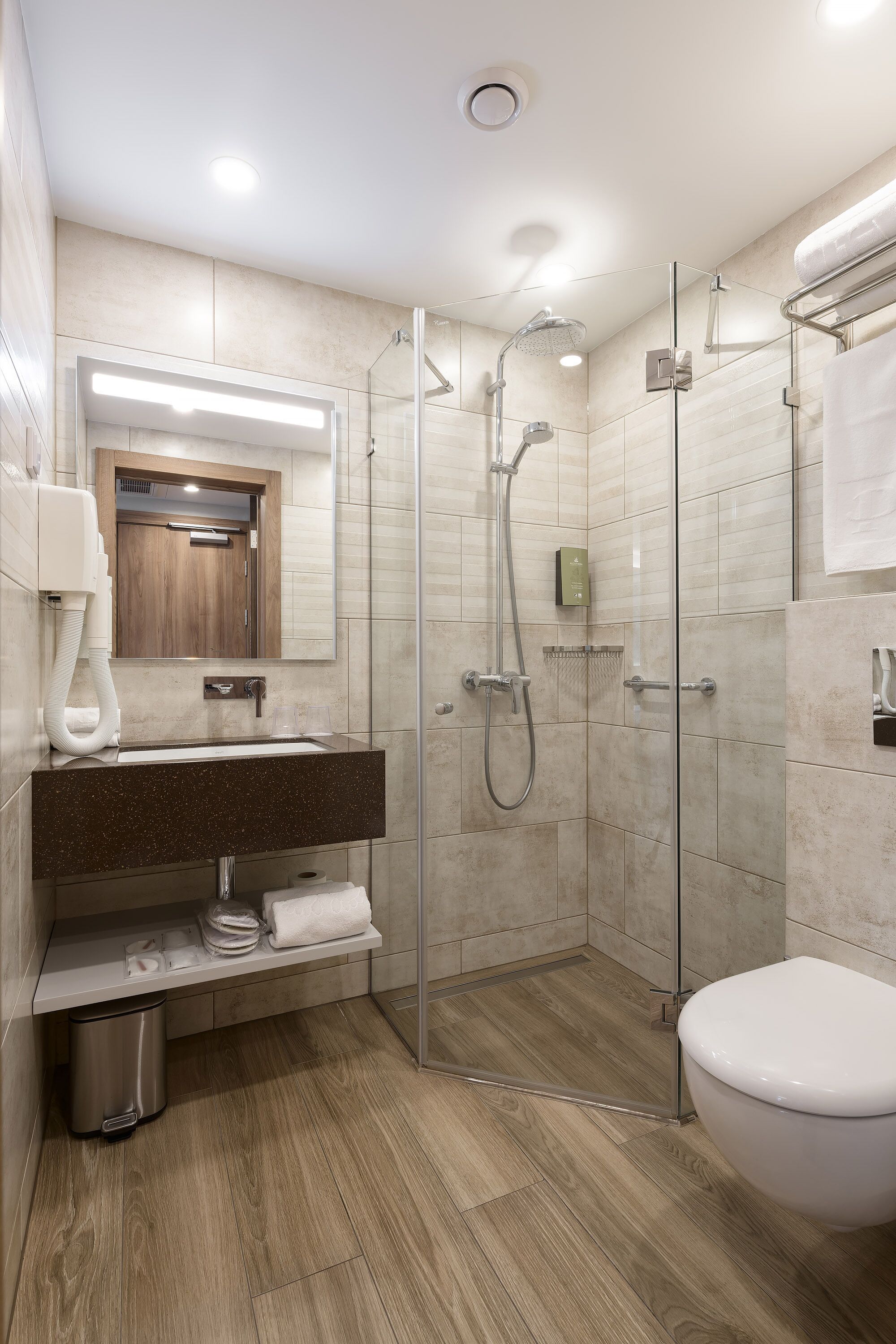 A modern bathroom with a glass-enclosed shower, a sink with a mirror above it, and a toilet.