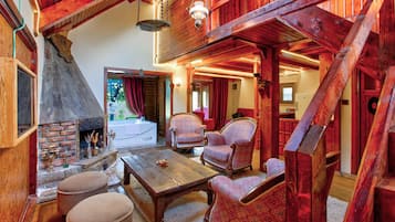 22-inch LED TV with premium TV channels, TV, fireplace