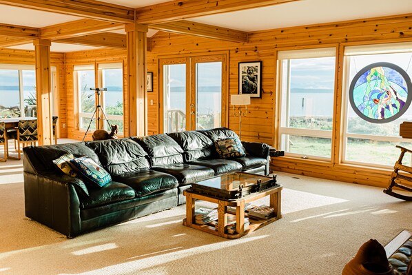 Smart TV, fireplace, books, stereo